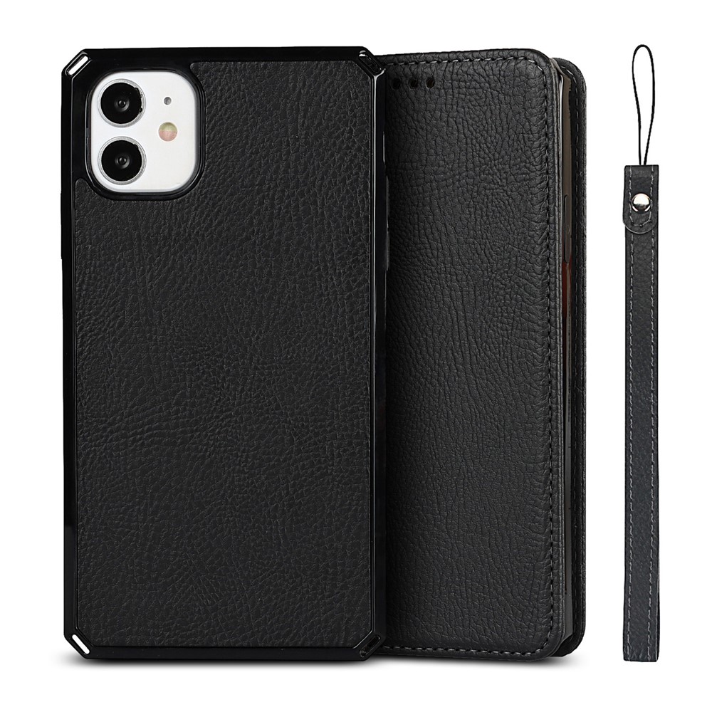 Litchi Skin Genuine Leather Coated TPU Stand Case for iPhone 11 6.1-inch - Black-1
