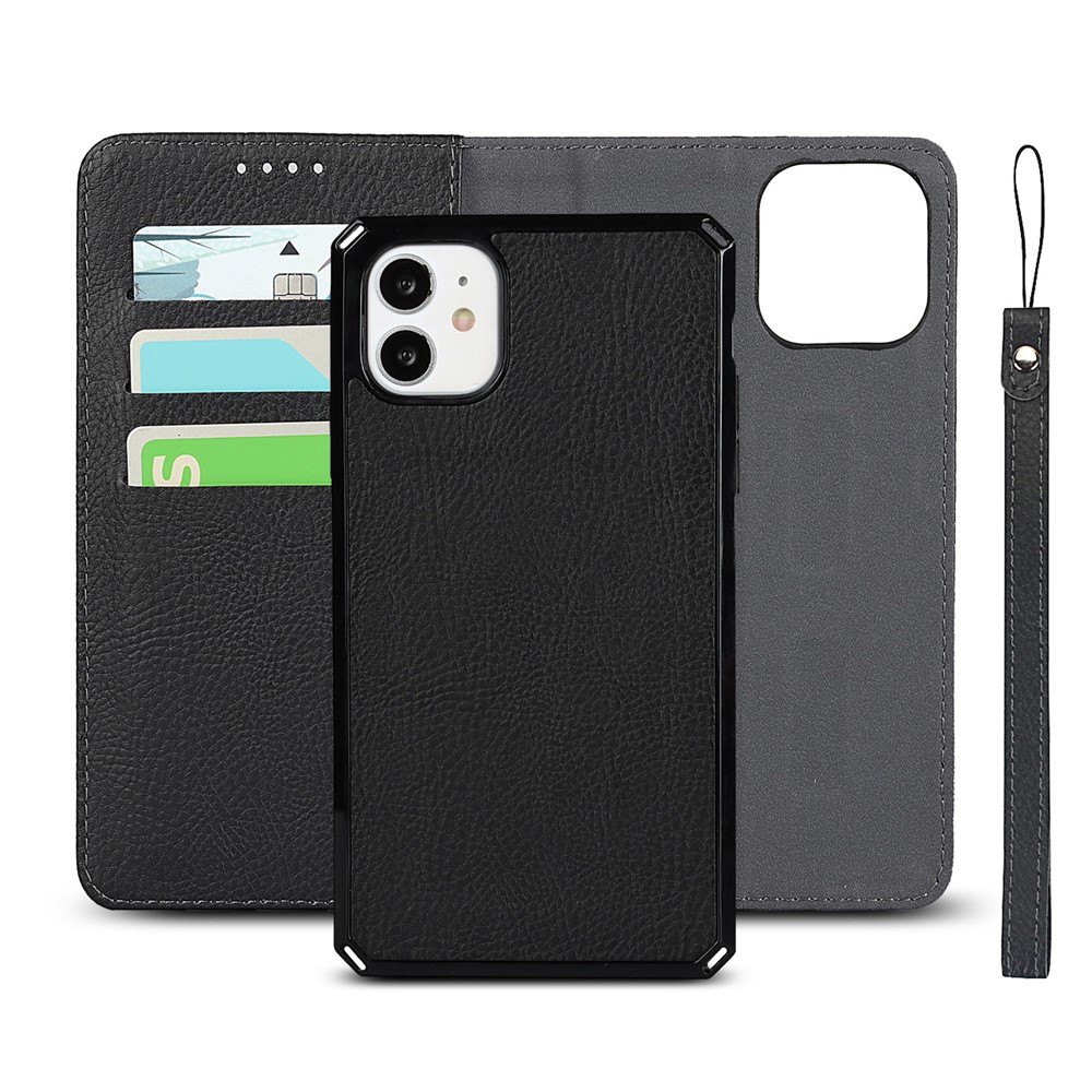 Litchi Skin Genuine Leather Coated TPU Stand Case for iPhone 11 6.1-inch - Black-10