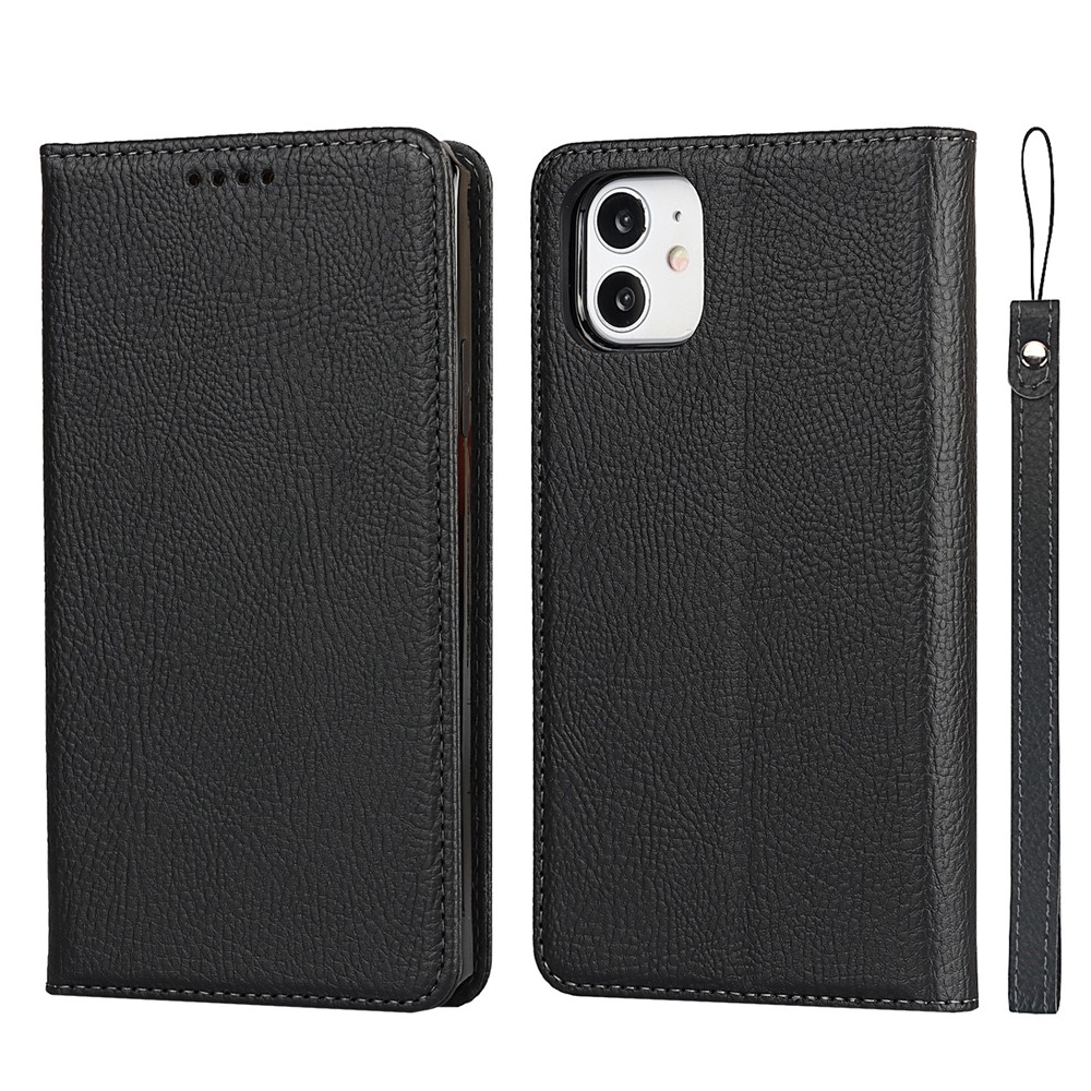Litchi Skin Genuine Leather Coated TPU Stand Case for iPhone 11 6.1-inch - Black-2