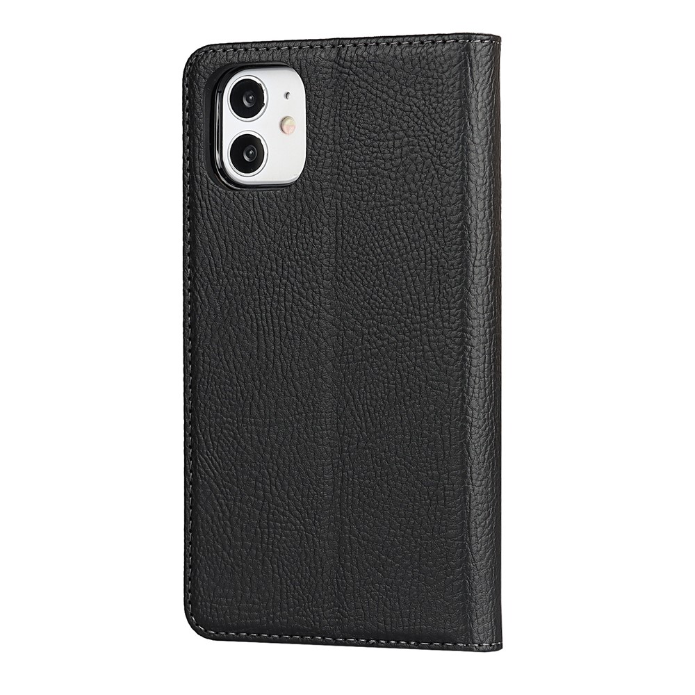 Litchi Skin Genuine Leather Coated TPU Stand Case for iPhone 11 6.1-inch - Black-4