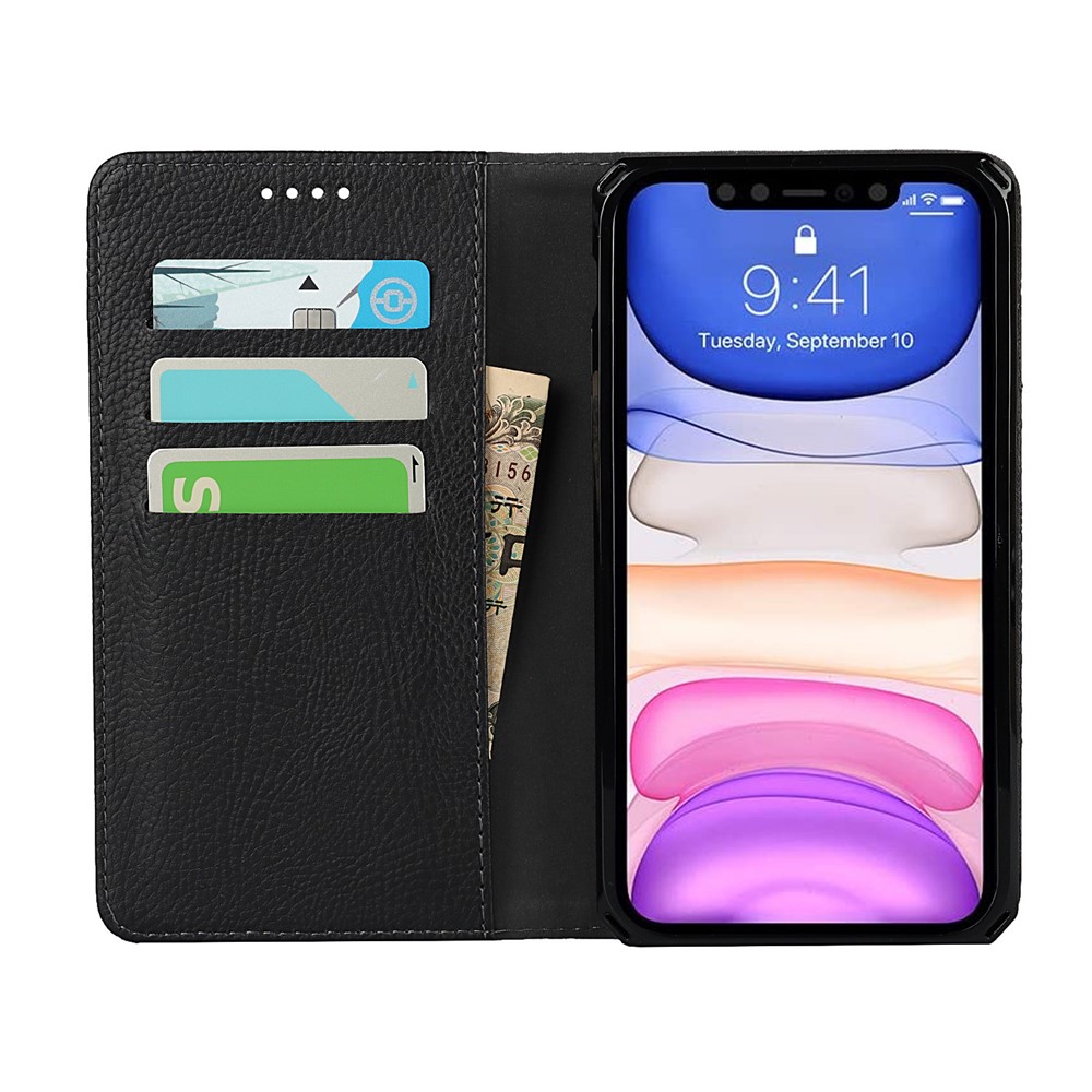 Litchi Skin Genuine Leather Coated TPU Stand Case for iPhone 11 6.1-inch - Black-5