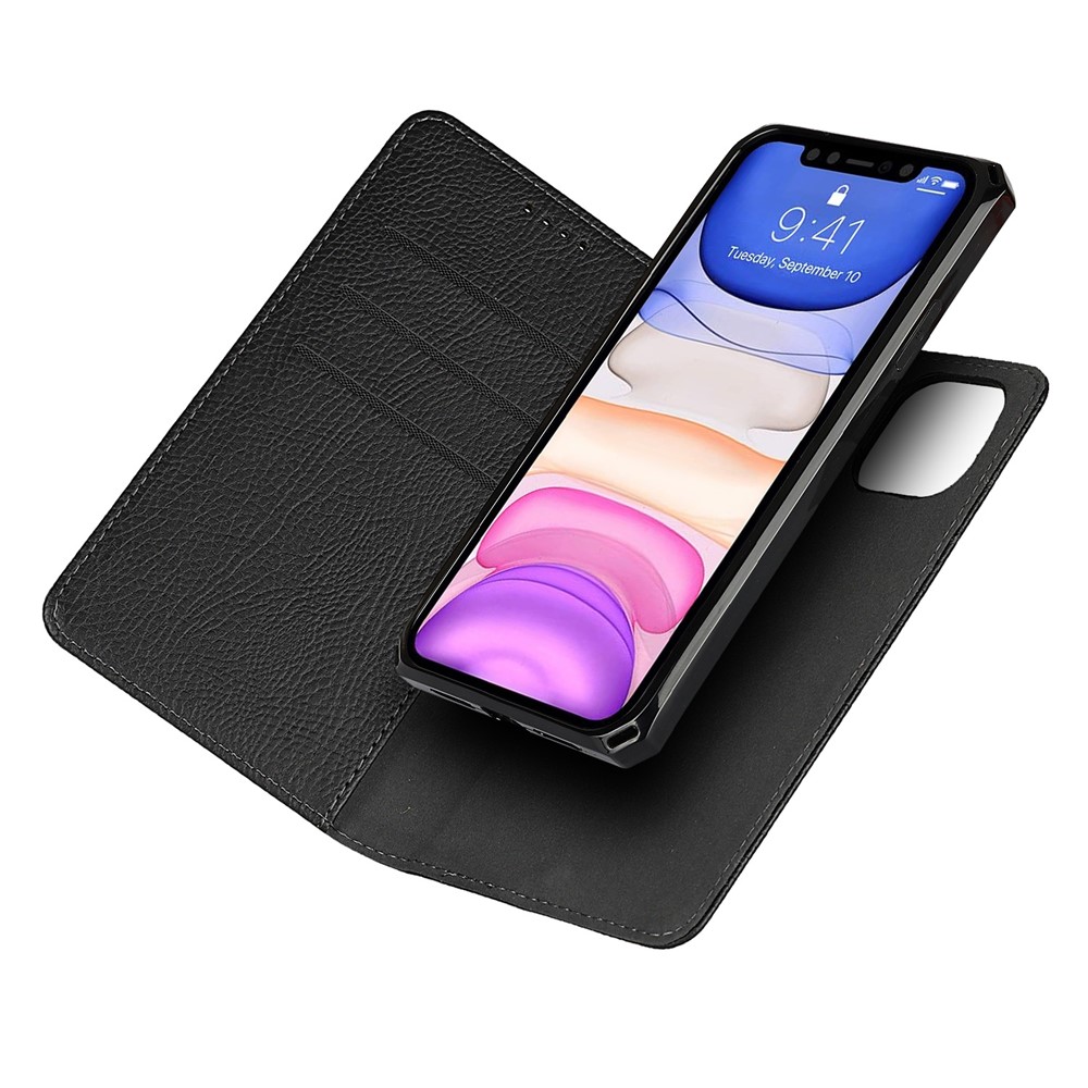 Litchi Skin Genuine Leather Coated TPU Stand Case for iPhone 11 6.1-inch - Black-7