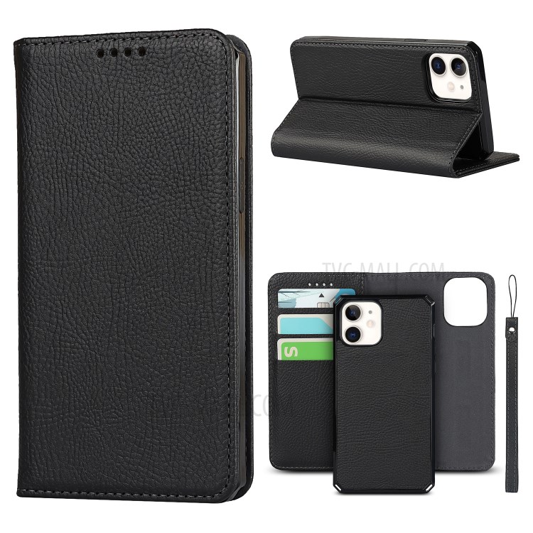 Litchi Skin Stand De Cuero Genuino De Cuero TPU Shell Para IPhone 12 Mini Funda Desmontable Protectora - Negro-1