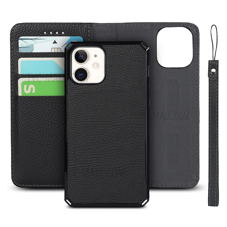 Litchi Skin Stand De Cuero Genuino De Cuero TPU Shell Para IPhone 12 Mini Funda Desmontable Protectora - Negro-10