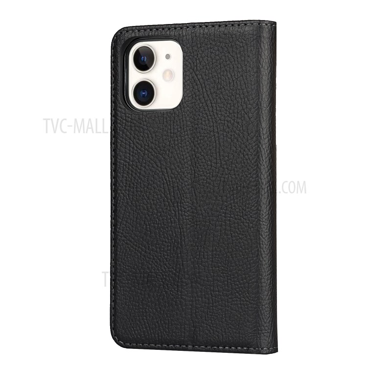 Litchi Skin Stand De Cuero Genuino De Cuero TPU Shell Para IPhone 12 Mini Funda Desmontable Protectora - Negro-2