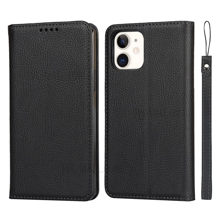 Litchi Skin Stand De Cuero Genuino De Cuero TPU Shell Para IPhone 12 Mini Funda Desmontable Protectora - Negro-3