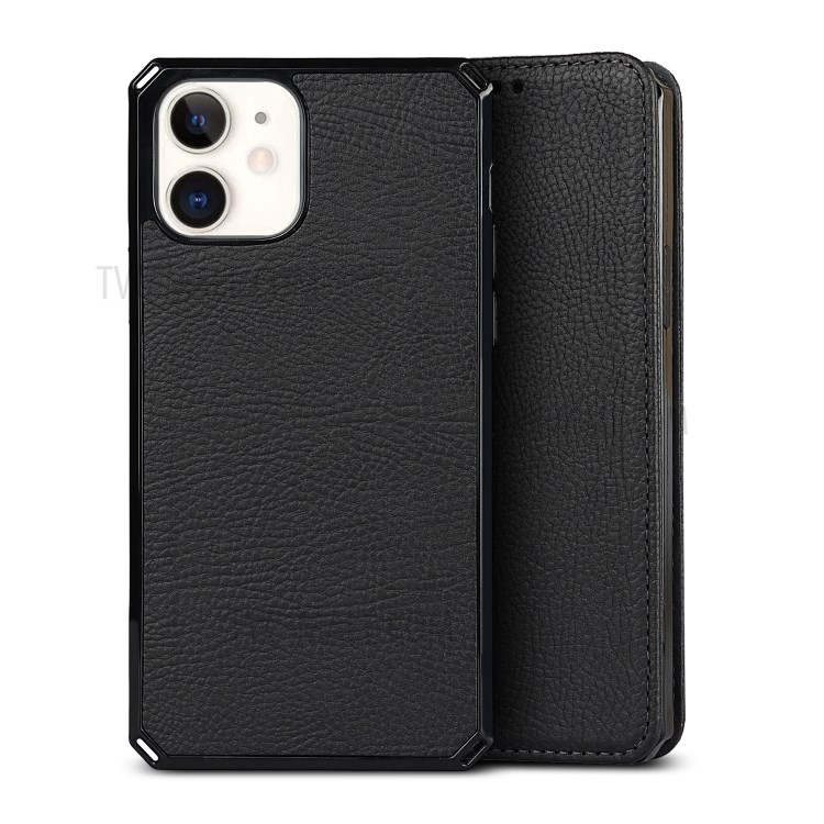 Litchi Skin Stand De Cuero Genuino De Cuero TPU Shell Para IPhone 12 Mini Funda Desmontable Protectora - Negro-4