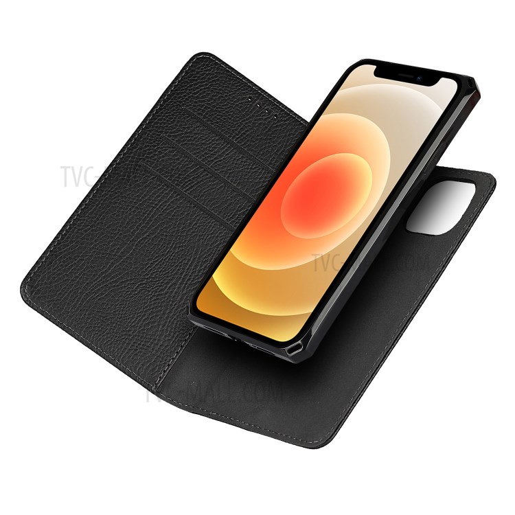 Litchi Skin Stand De Cuero Genuino De Cuero TPU Shell Para IPhone 12 Mini Funda Desmontable Protectora - Negro-5