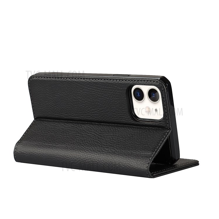 Litchi Skin Stand De Cuero Genuino De Cuero TPU Shell Para IPhone 12 Mini Funda Desmontable Protectora - Negro-7
