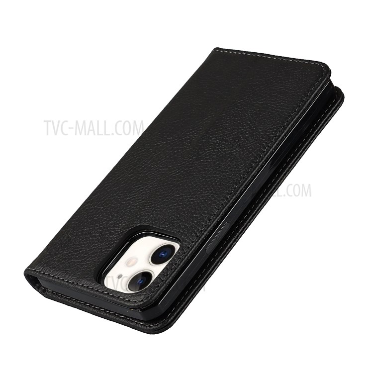 Litchi Skin Stand De Cuero Genuino De Cuero TPU Shell Para IPhone 12 Mini Funda Desmontable Protectora - Negro-8