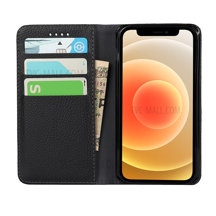Litchi Skin Stand De Cuero Genuino De Cuero TPU Shell Para IPhone 12 Mini Funda Desmontable Protectora - Negro-9