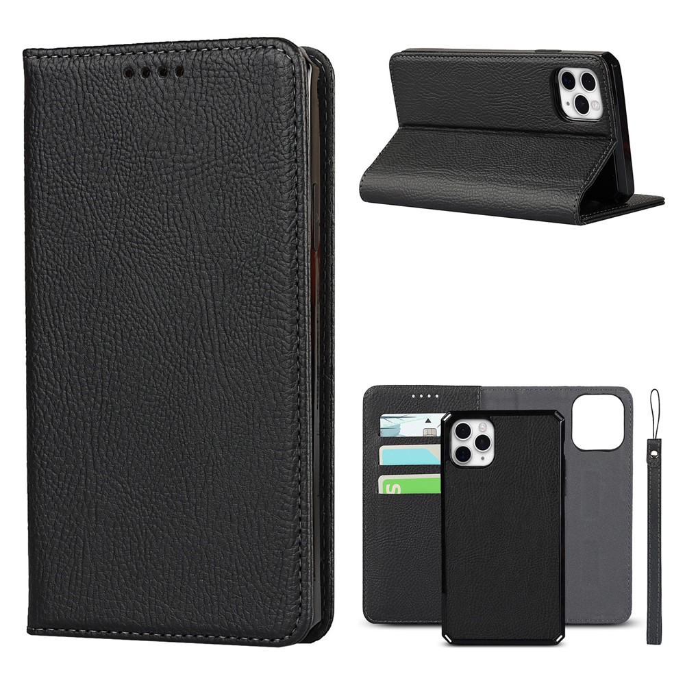 Litchi Skin Stand Genuine Leather TPU Protective Shell for iPhone 11 Pro Max Detachable Case - Black-1