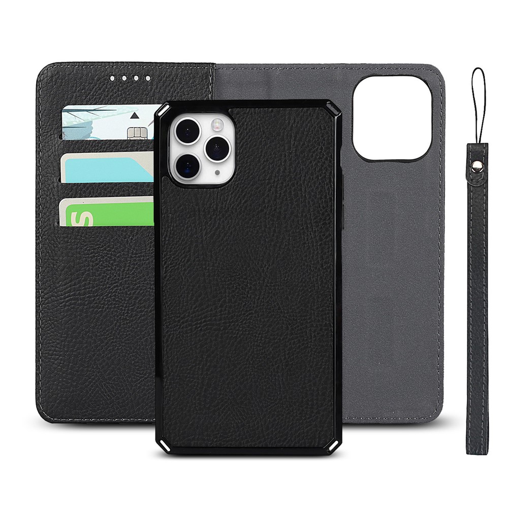 Litchi Skin Stand Genuine Leather TPU Protective Shell for iPhone 11 Pro Max Detachable Case - Black-11