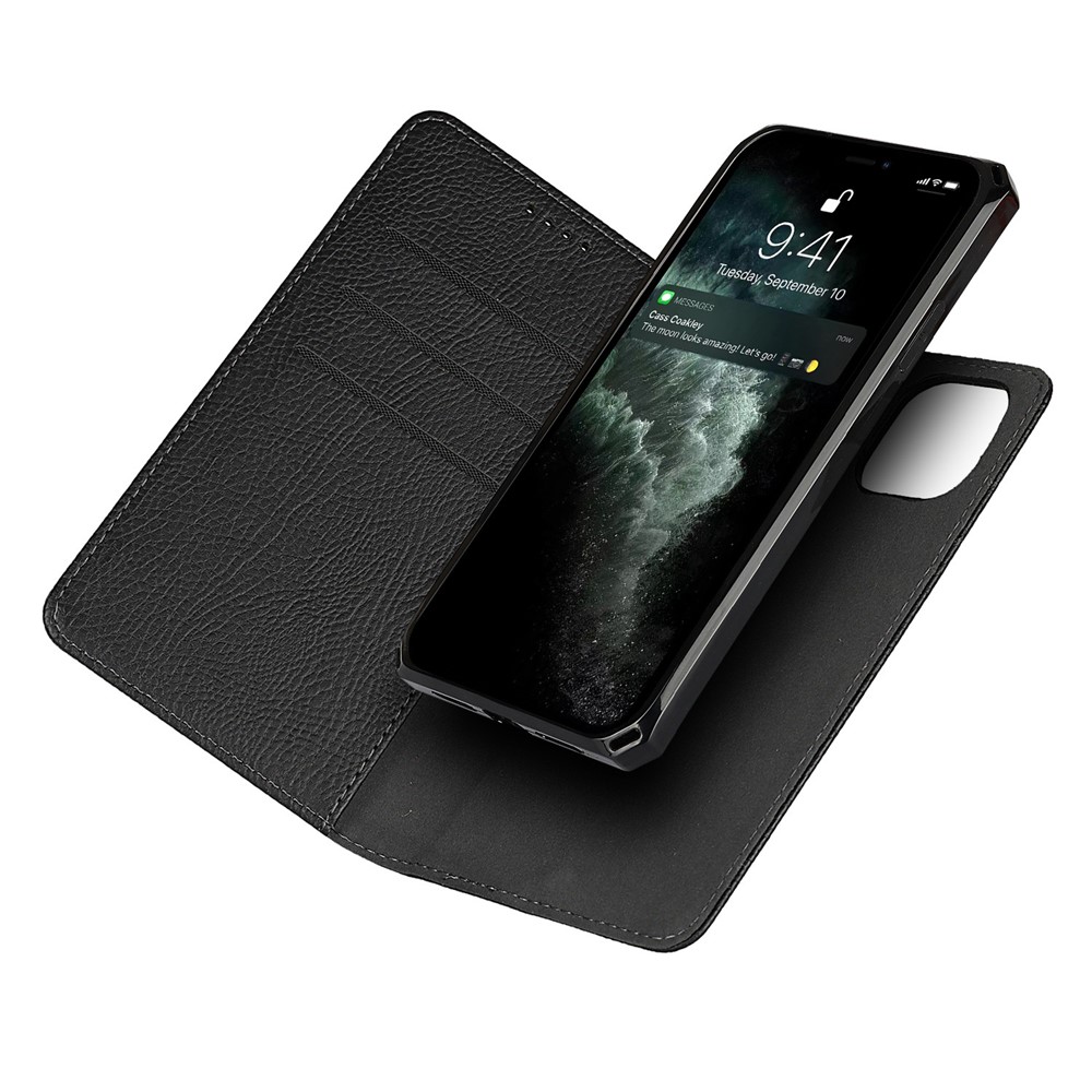 Litchi Hautständer Echte Leder -tpu -schutzhülle Für Iphone 11 Pro Max Abtrennbare Hülle - Schwarz-9