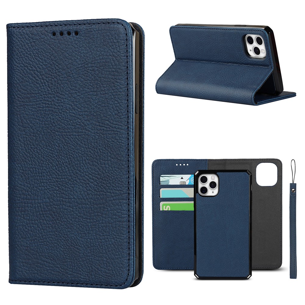 Litchi Skin Stand Genuine Leather TPU Protective Shell for iPhone 11 Pro Max Detachable Case - Blue