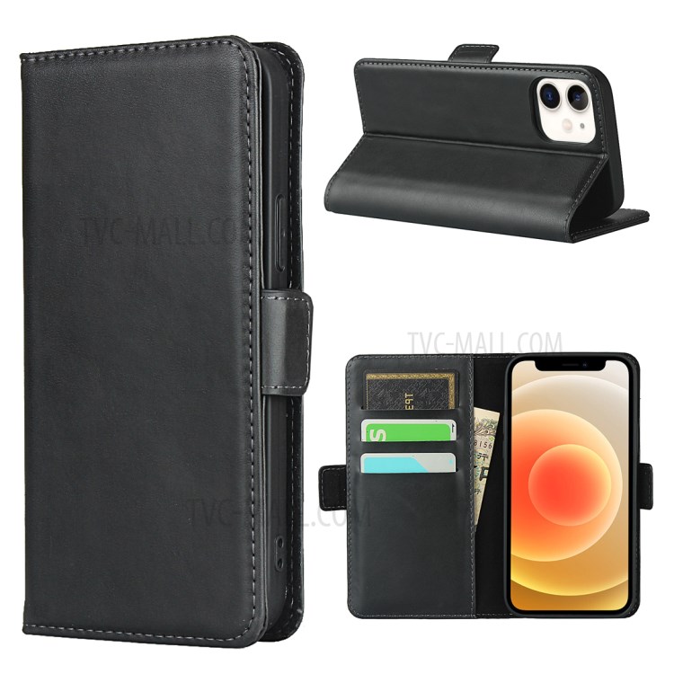 Double Magnetic Clasp Genuine Leather Protector for iPhone 12 mini Wallet Stand Shell - Black-1