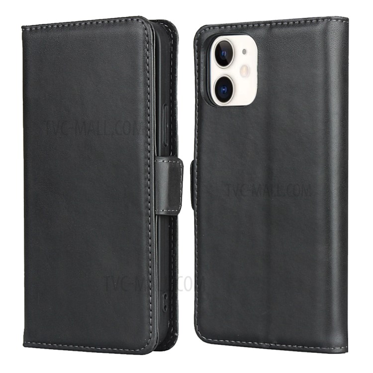 Double Magnetic Clasp Genuine Leather Protector for iPhone 12 mini Wallet Stand Shell - Black-3