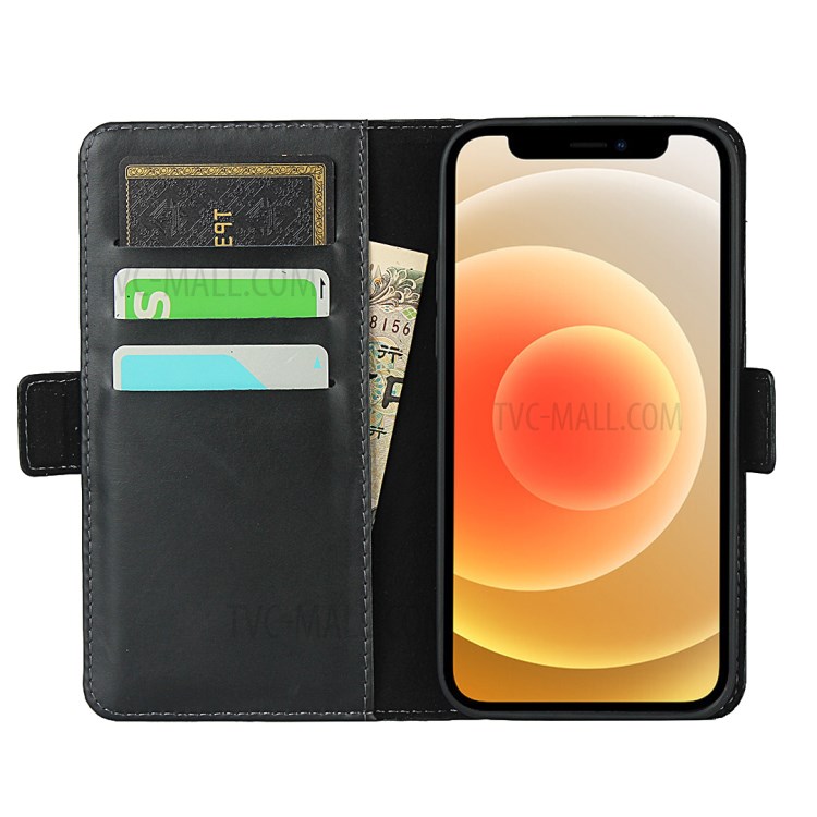 Double Magnetic Clasp Genuine Leather Protector for iPhone 12 mini Wallet Stand Shell - Black-4