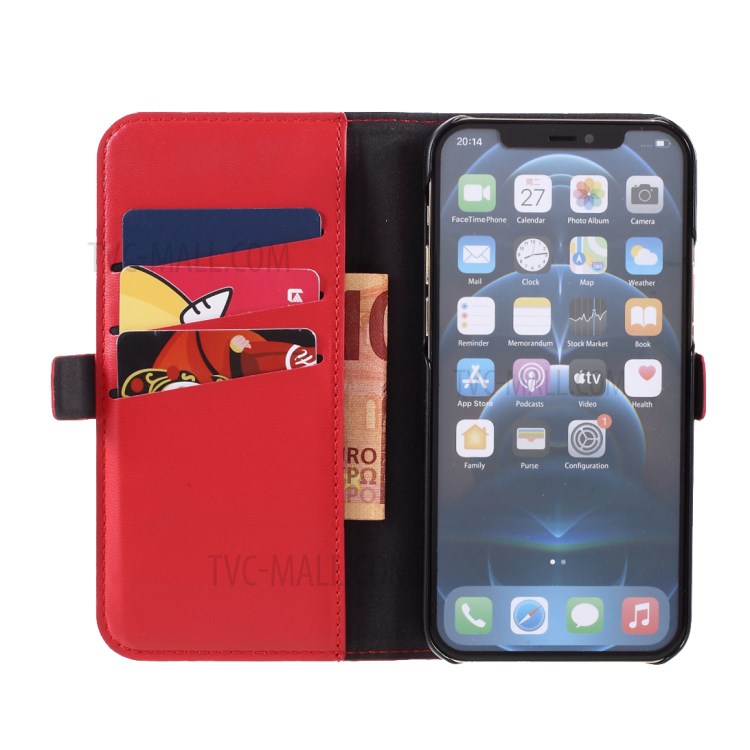 MUTURAL PU Leather+TPU Wallet Stand Phone Stand Case for iPhone 12/iPhone 12 Pro - Red-4