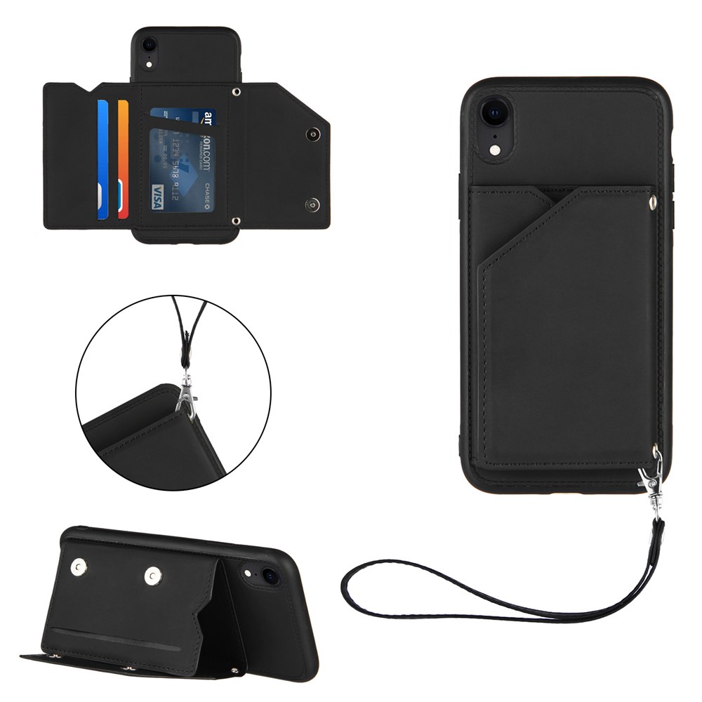 Stand Card Holder Rubberized Leather Skin TPU Phone Case for iPhone XR 6.1-inch - Black-1