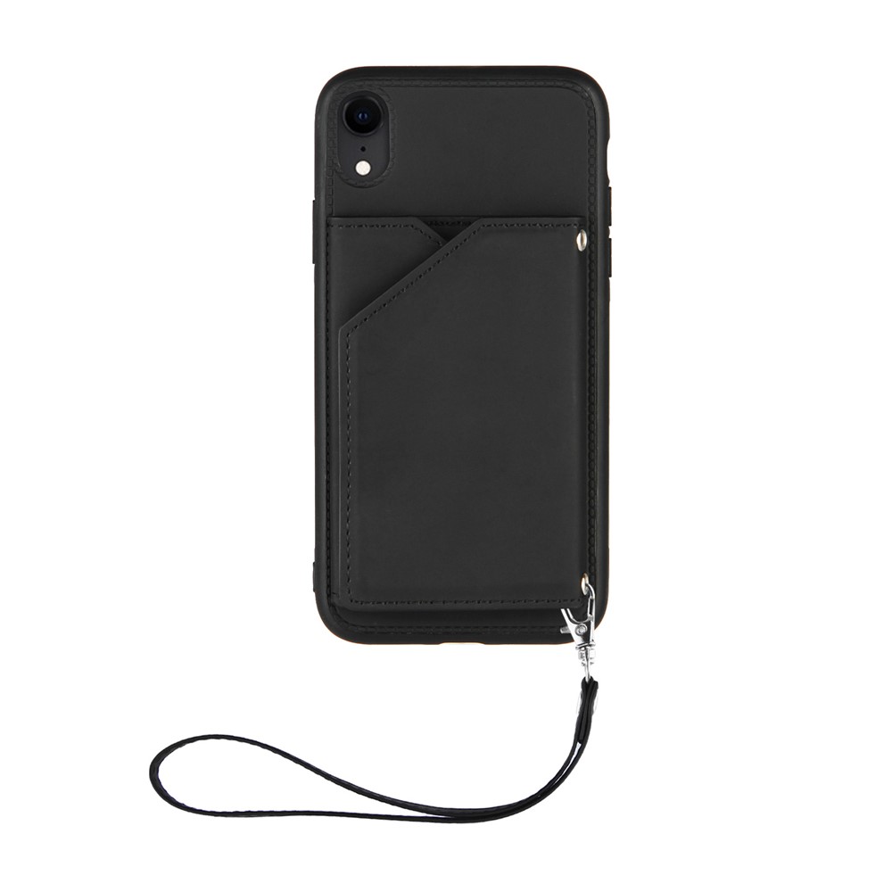 Stand Card Holder Rubberized Leather Skin TPU Phone Case for iPhone XR 6.1-inch - Black-2