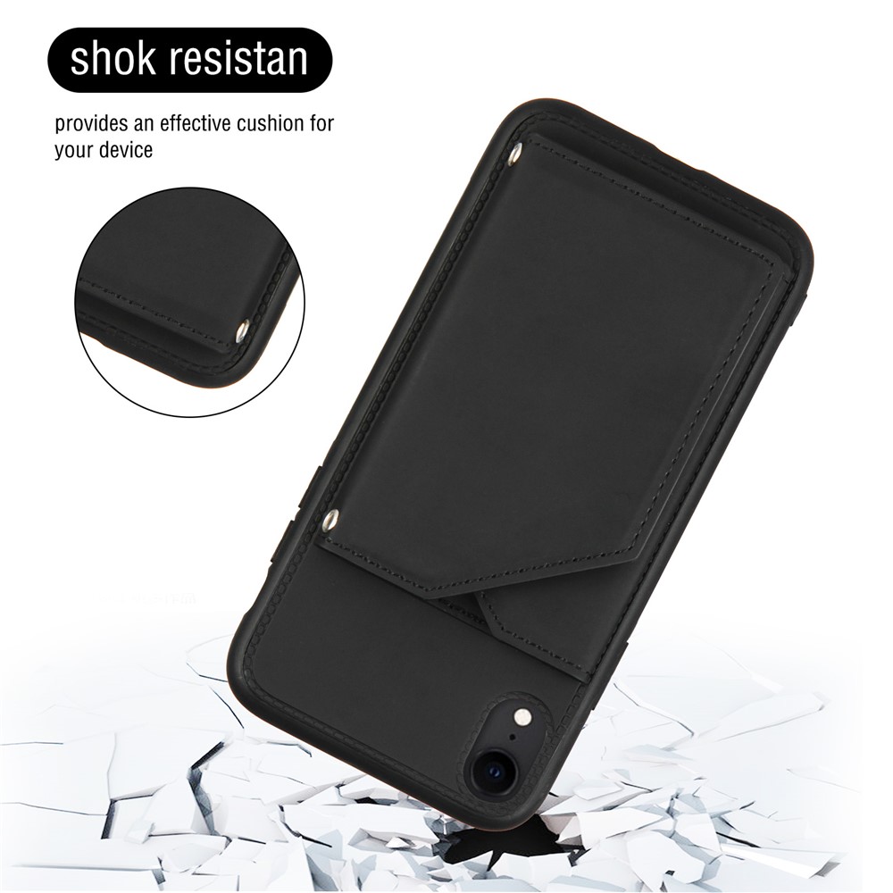 Stand Card Holder Rubberized Leather Skin TPU Phone Case for iPhone XR 6.1-inch - Black-4