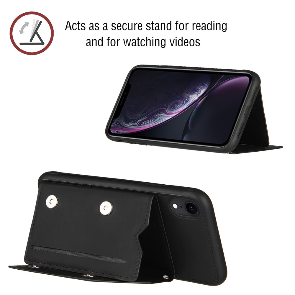 Stand Card Holder Rubberized Leather Skin TPU Phone Case for iPhone XR 6.1-inch - Black-5