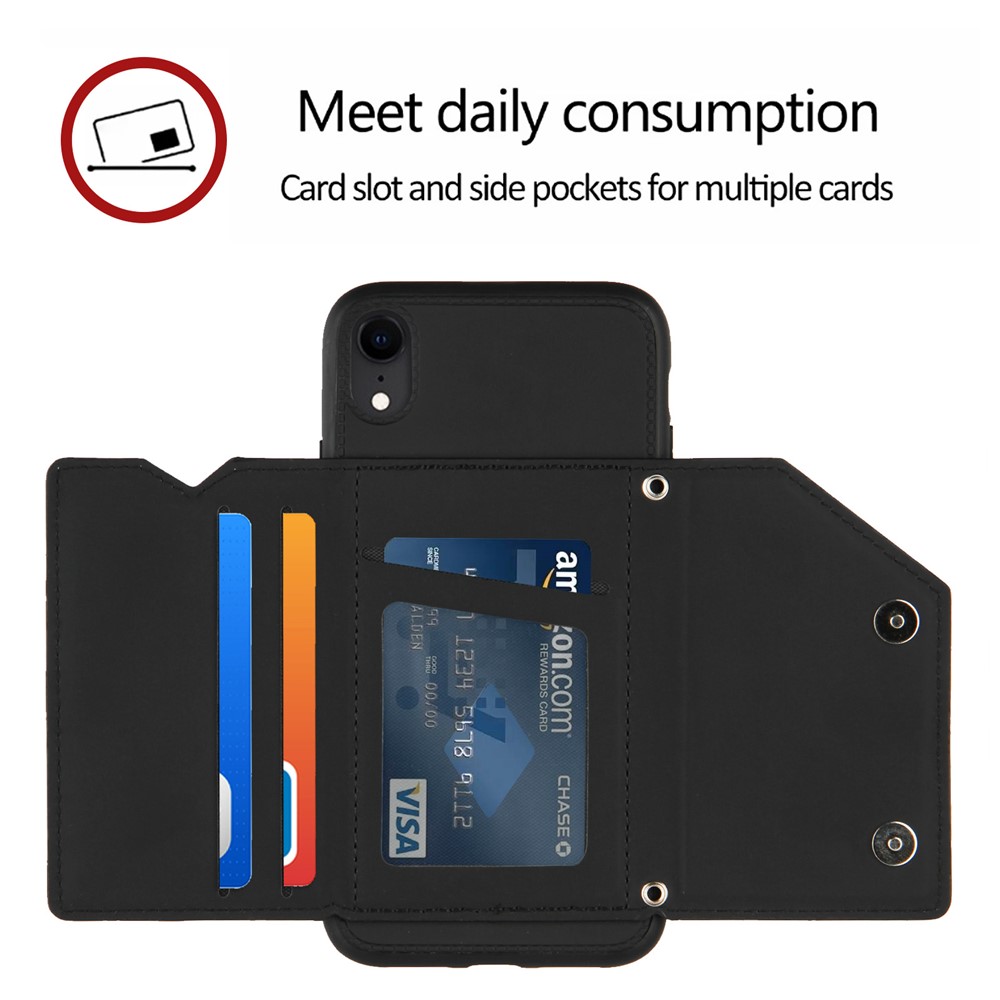 Stand Card Holder Rubberized Leather Skin TPU Phone Case for iPhone XR 6.1-inch - Black-6