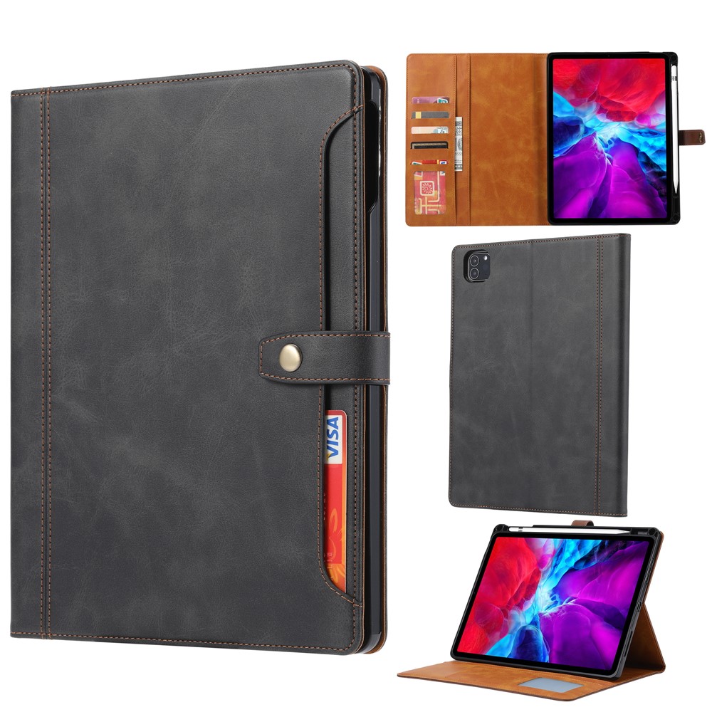 Full Protection PU Leather Wallet Stand Tablet Case with Pen Slot Design for iPad Pro 12.9-inch (2020) - Black-1