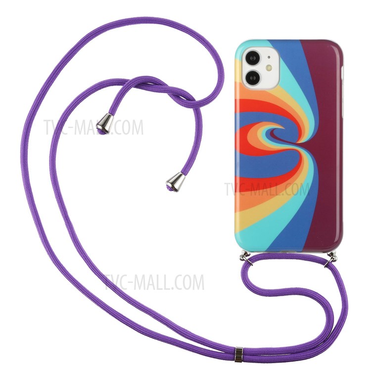 Anti-drop IMD Rainbow Pattern TPU Protective Cover with 60 Inches Strap for iPhone 12/12 Pro - Swirl Rainbow-1