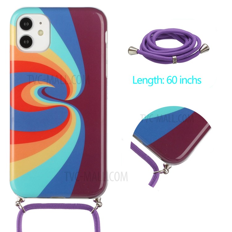 Anti-drop IMD Rainbow Pattern TPU Protective Cover with 60 Inches Strap for iPhone 12/12 Pro - Swirl Rainbow-2
