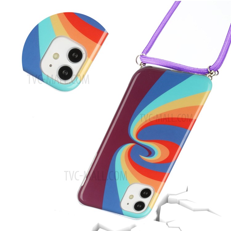 Anti-drop IMD Rainbow Pattern TPU Protective Cover with 60 Inches Strap for iPhone 12/12 Pro - Swirl Rainbow-3