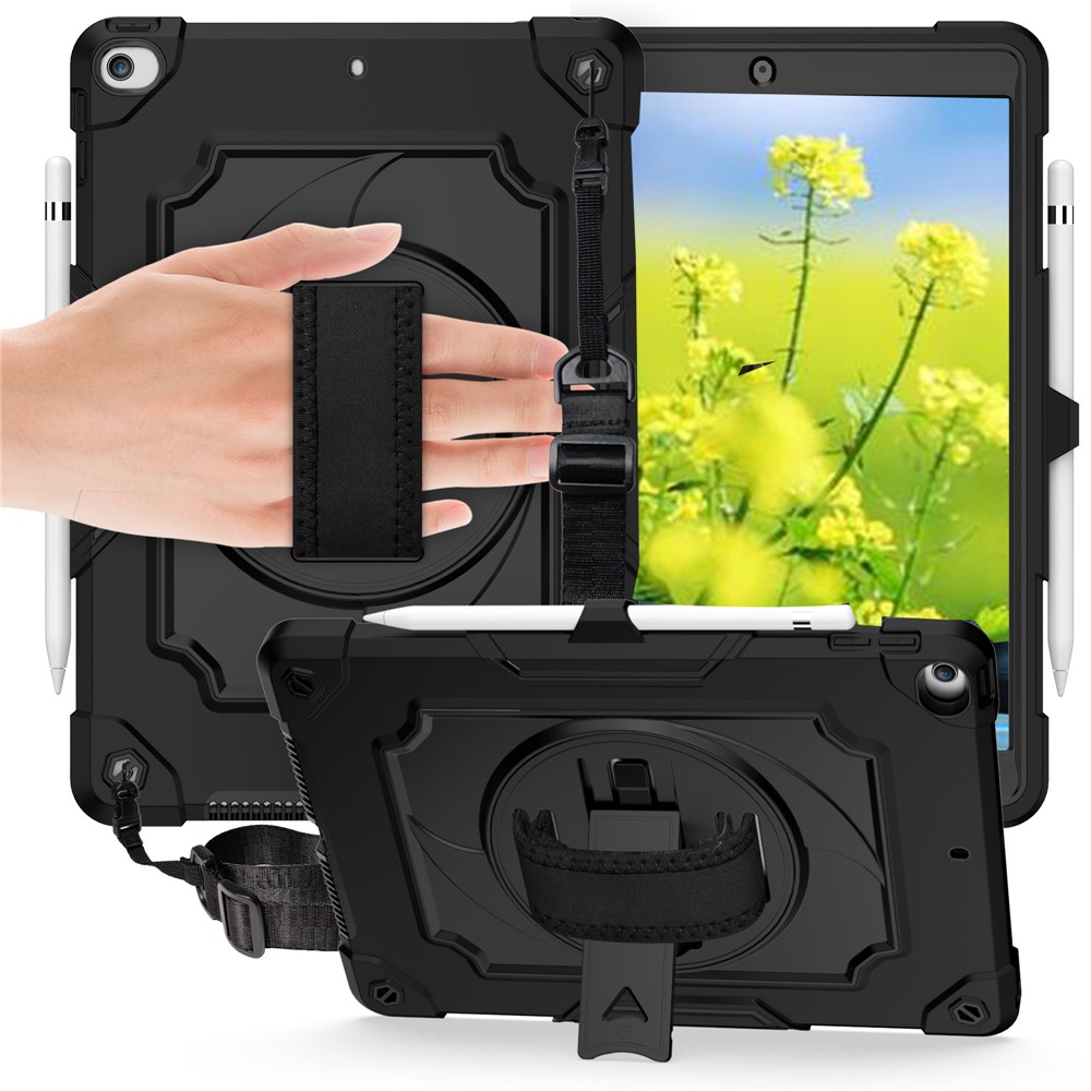 Shockproof PC and Silicone Tablet Case with 360° Swivel Hand Strap for iPad 10.2 (2020)/(2019) - All Black-1
