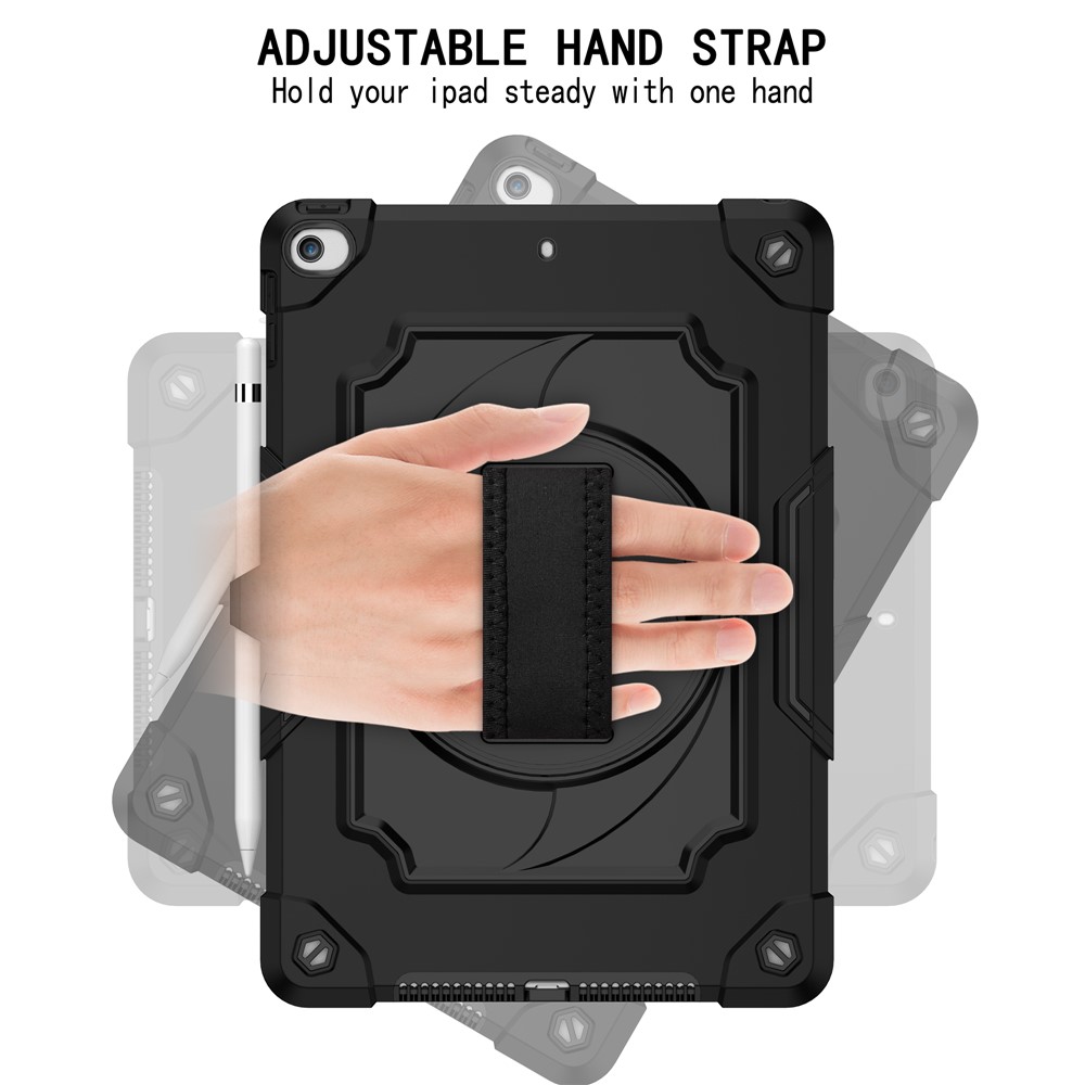 Shockproof PC and Silicone Tablet Case with 360° Swivel Hand Strap for iPad 10.2 (2020)/(2019) - All Black-3