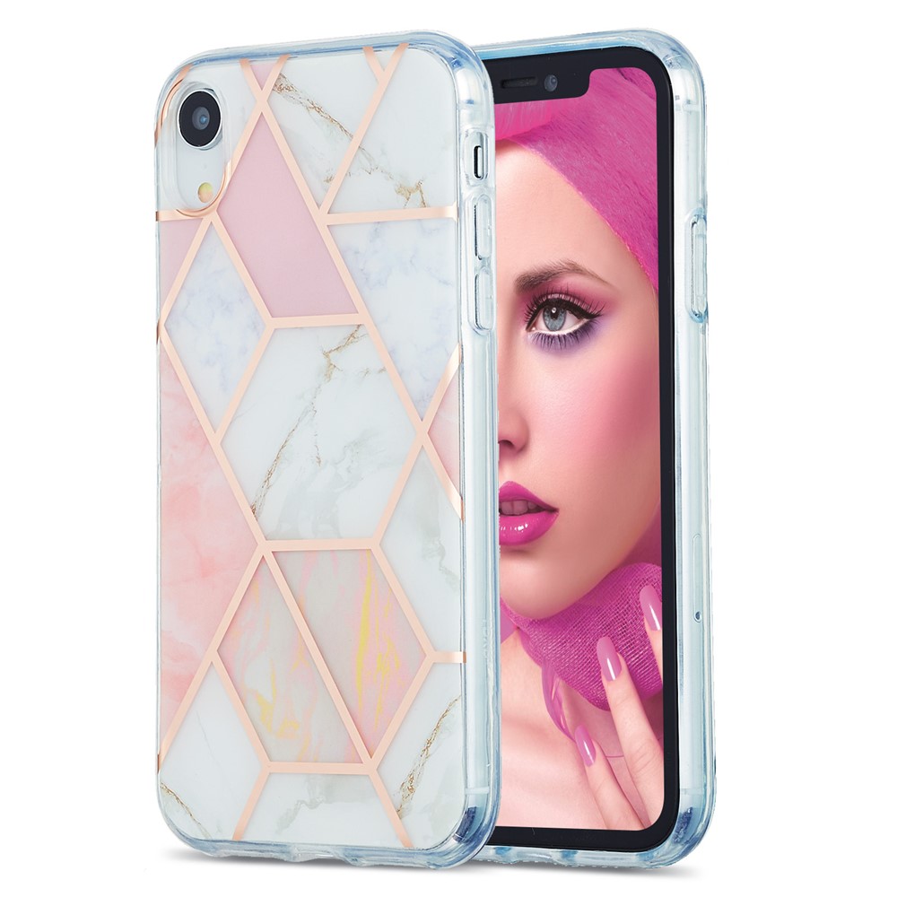 Full Protection Electroplating IMD Marble Pattern Splicing 2.0mm TPU Protector Cover for iPhone XR - Pink/White-1