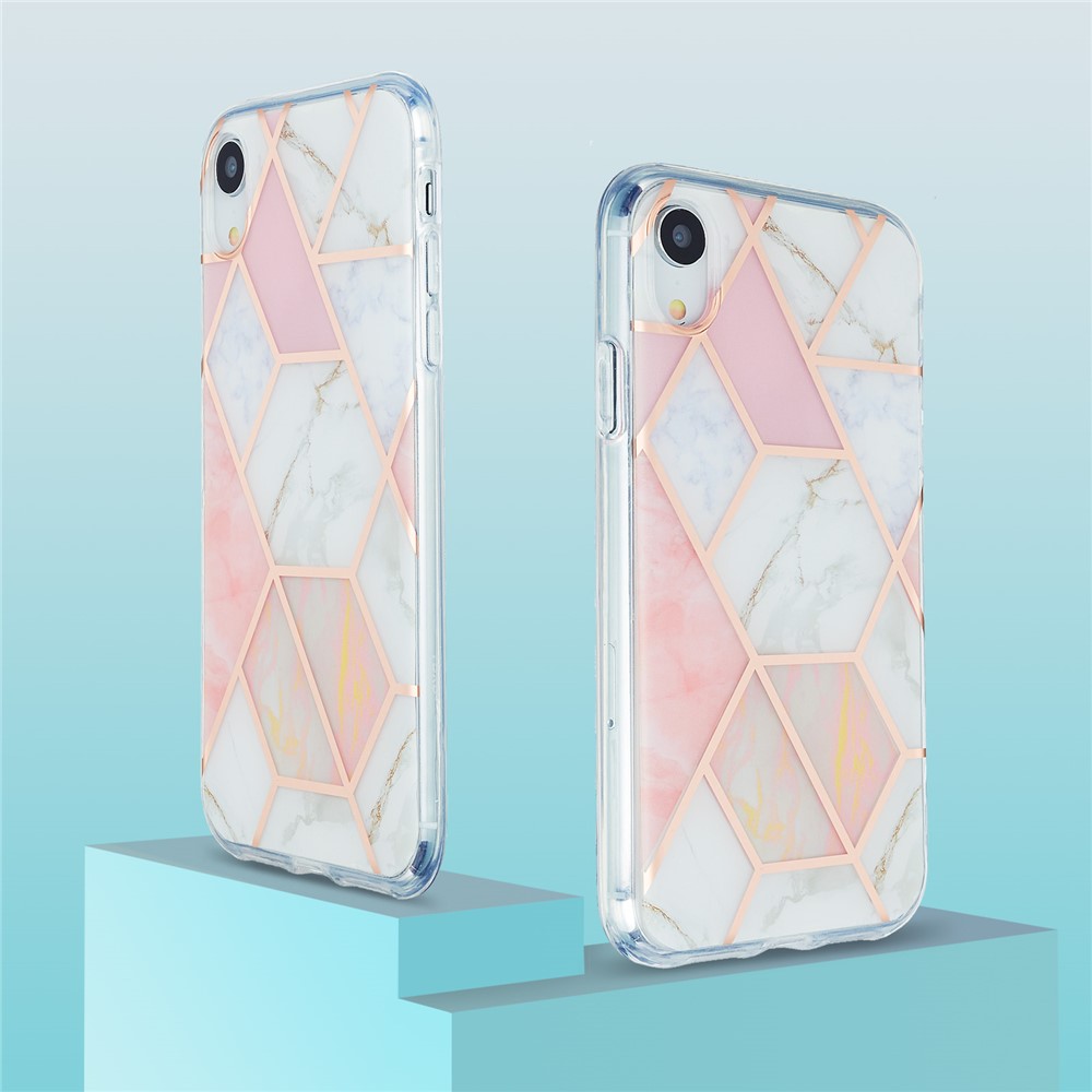 Full Protection Electroplating IMD Marble Pattern Splicing 2.0mm TPU Protector Cover for iPhone XR - Pink/White-2
