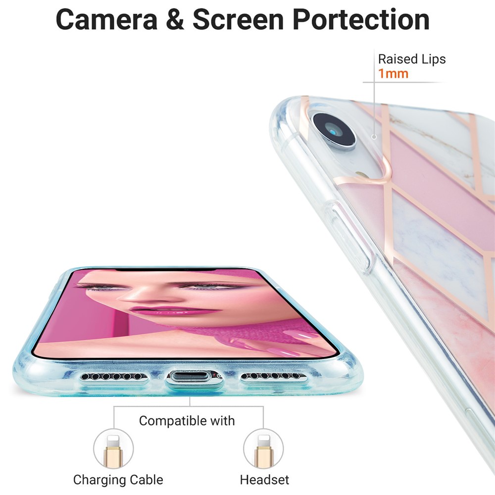 Full Protection Electroplating IMD Marble Pattern Splicing 2.0mm TPU Protector Cover for iPhone XR - Pink/White-4
