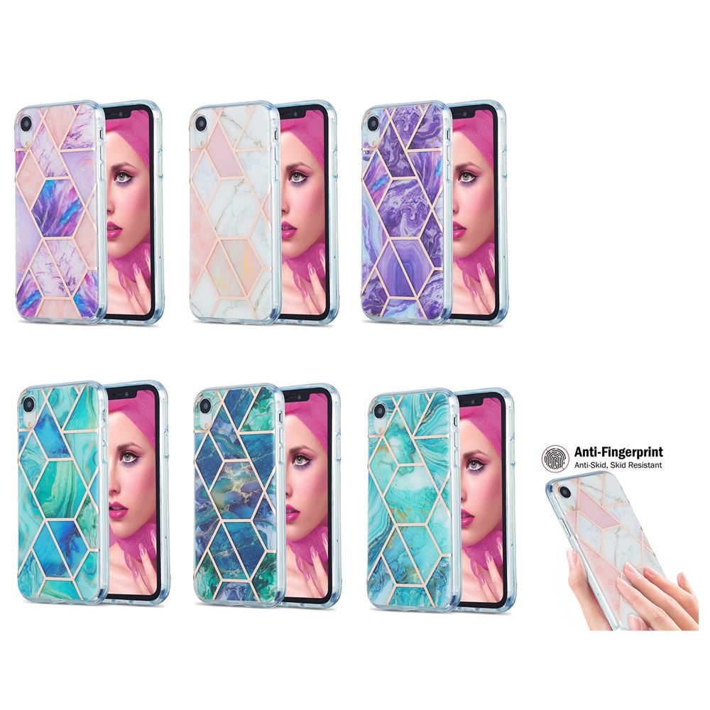 Full Protection Electroplating IMD Marble Pattern Splicing 2.0mm TPU Protector Cover for iPhone XR - Pink/White-5