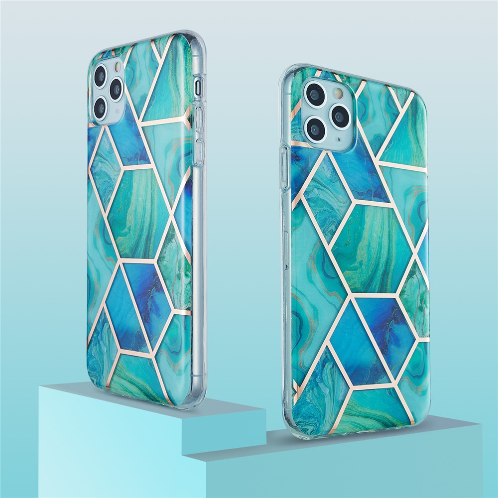 2.0mm Electroplating IMD Marble Pattern Splicing Full Protection TPU Protector Cover for iPhone 11 Pro Max - Blue/Green-2