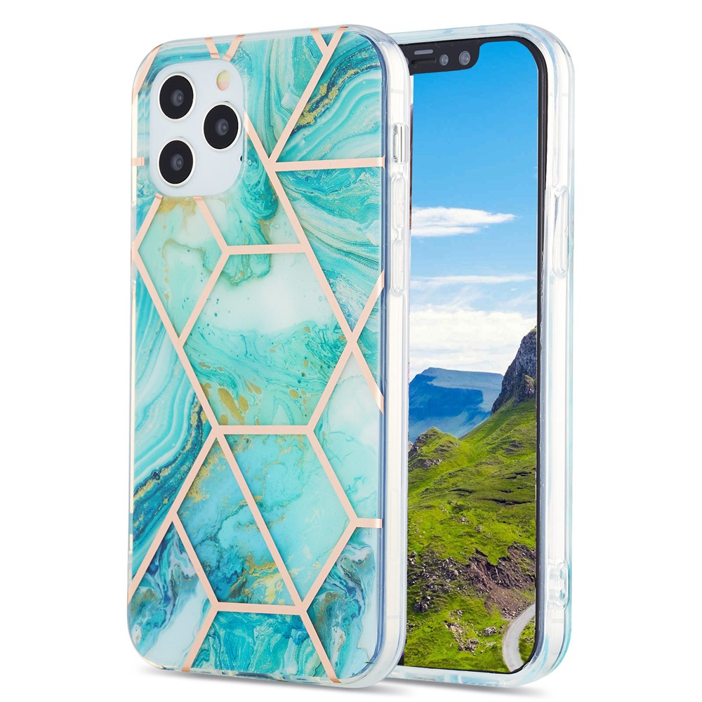 IMD Splicing Marble Pattern Design 2.0mm Electroplating TPU Protector Cover for iPhone 12/12 Pro - Green-1