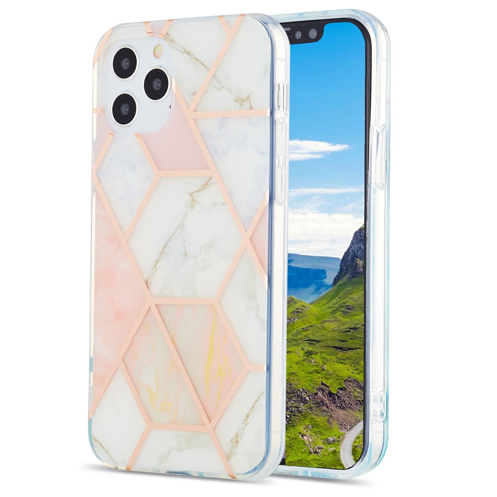 IMD Splicing Marble Pattern Design 2.0mm Electroplating TPU Protector Cover for iPhone 12/12 Pro - Pink/White-1