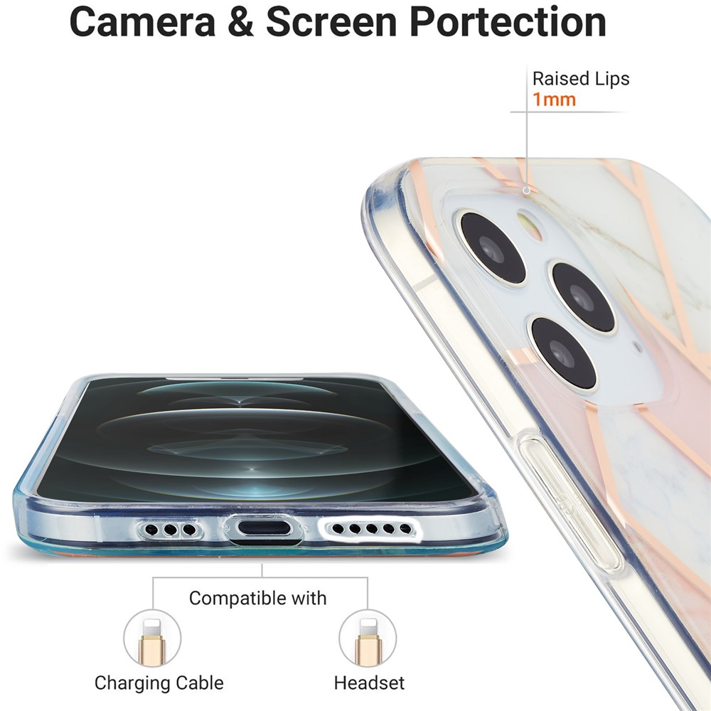 IMD Splicing Marble Pattern Design 2.0mm Electroplating TPU Protector Cover for iPhone 12/12 Pro - Pink/White-3