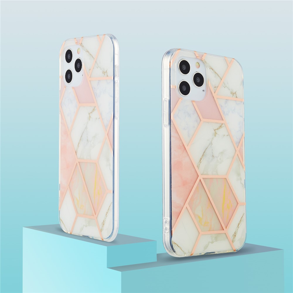 IMD Splicing Marble Pattern Design 2.0mm Electroplating TPU Protector Cover for iPhone 12/12 Pro - Pink/White-4