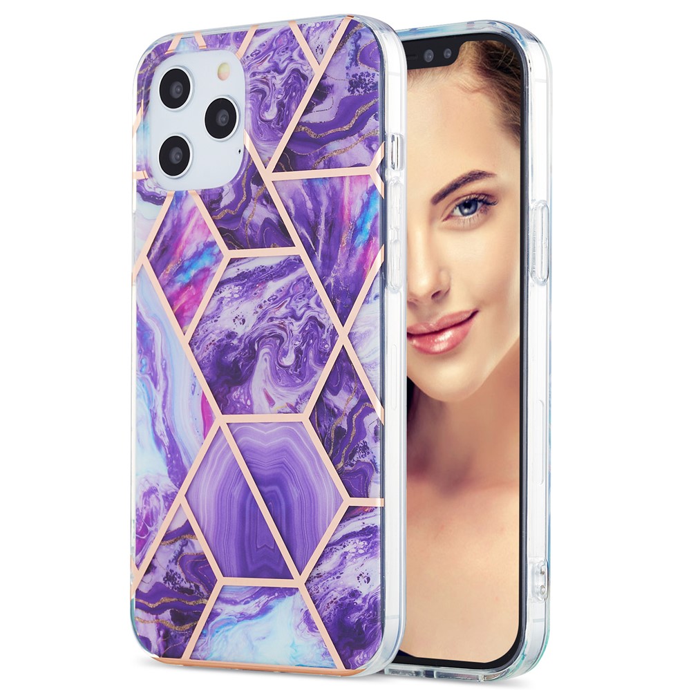 Electroplating IMD Marble Pattern Splicing Case for iPhone 12 Pro Max 2.0mm TPU Protector Cover - Dark Purple-1