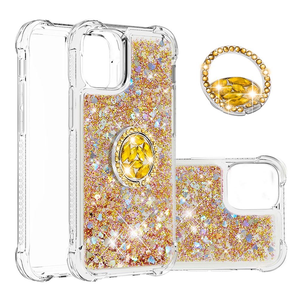 Drop-proof Quicksand Ring Kickstand TPU Cell Phone Protective Shell for iPhone 12 mini - Gold-1