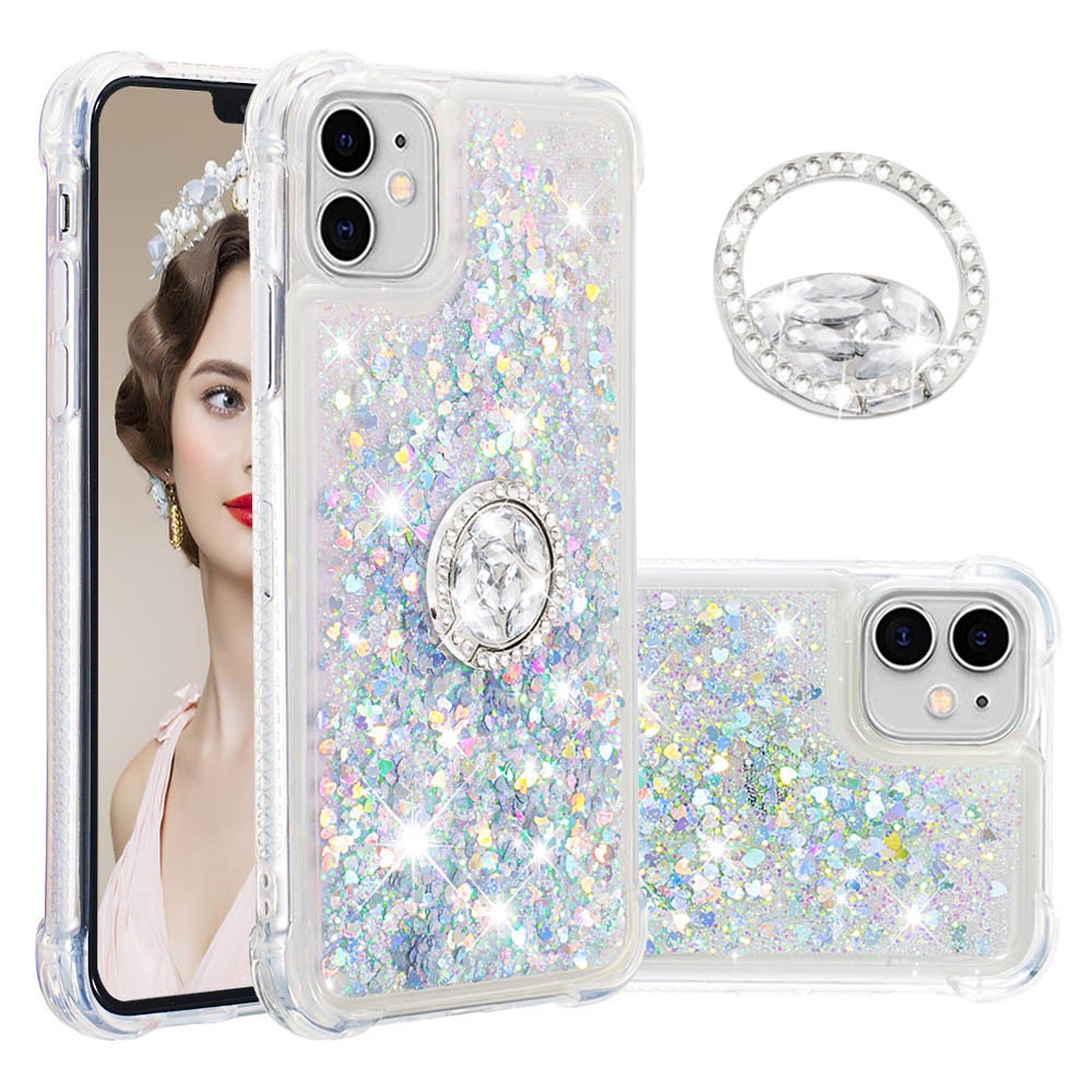 Glitter A Prueba De Gotas Quicksand Anillo Kickstand TPU Teléfono Cáscara Protectora Para IPhone 11 6.1 Pulgadas - Verde Claro-1