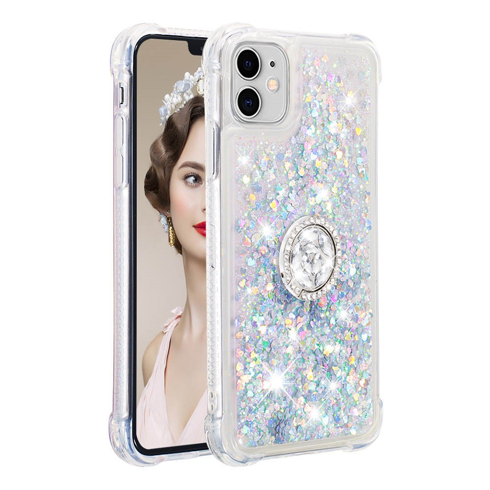 Glitter A Prueba De Gotas Quicksand Anillo Kickstand TPU Teléfono Cáscara Protectora Para IPhone 11 6.1 Pulgadas - Verde Claro-3