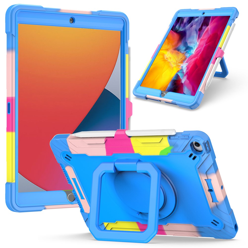 PC and Silicone Tablet Case with Rotating Kickstand for iPad 10.2 (2019)/(2020) - Rainbow/Blue-1