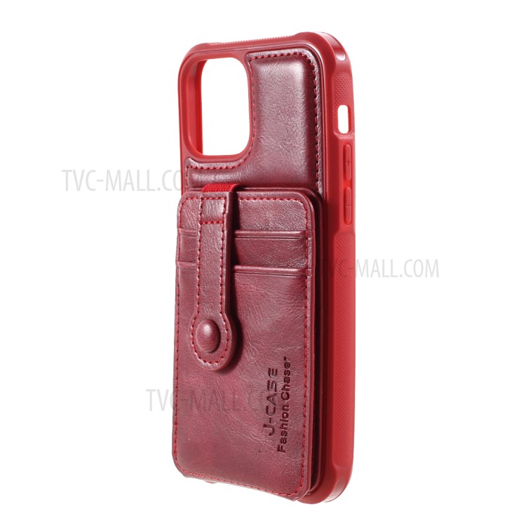 J-CASE Card Slots Design PU Leather Coated TPU Case for iPhone 12/12 Pro - Red-2