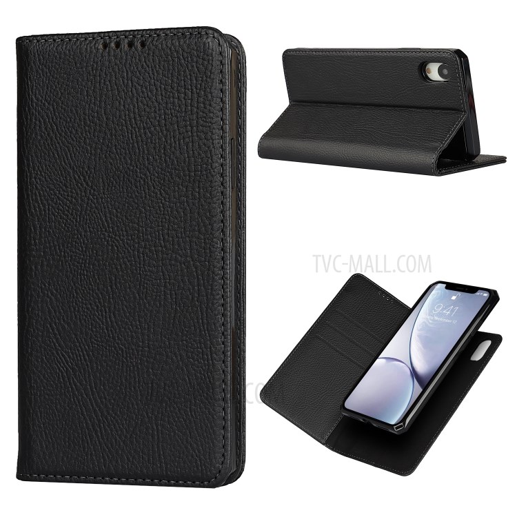 Litchi Skin Genuine Leather TPU Stand Shell for iPhone XR 6.1 inch Detachable 2 in 1 Case - Black-1